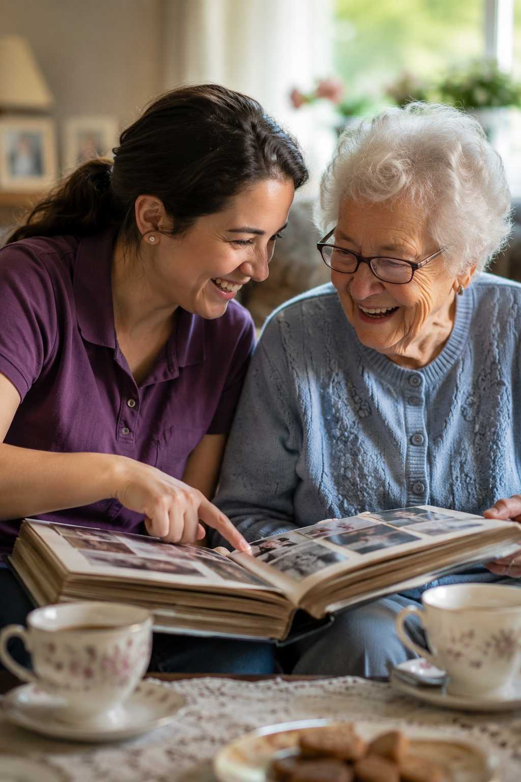 Caregiver and senior looking through photographs