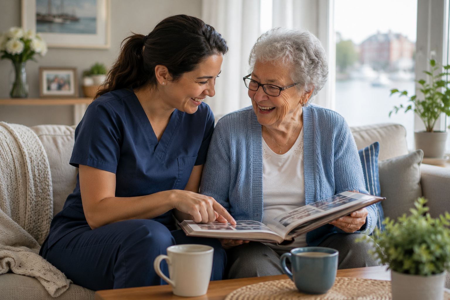Caregiver and senior sharing a warm moment at home